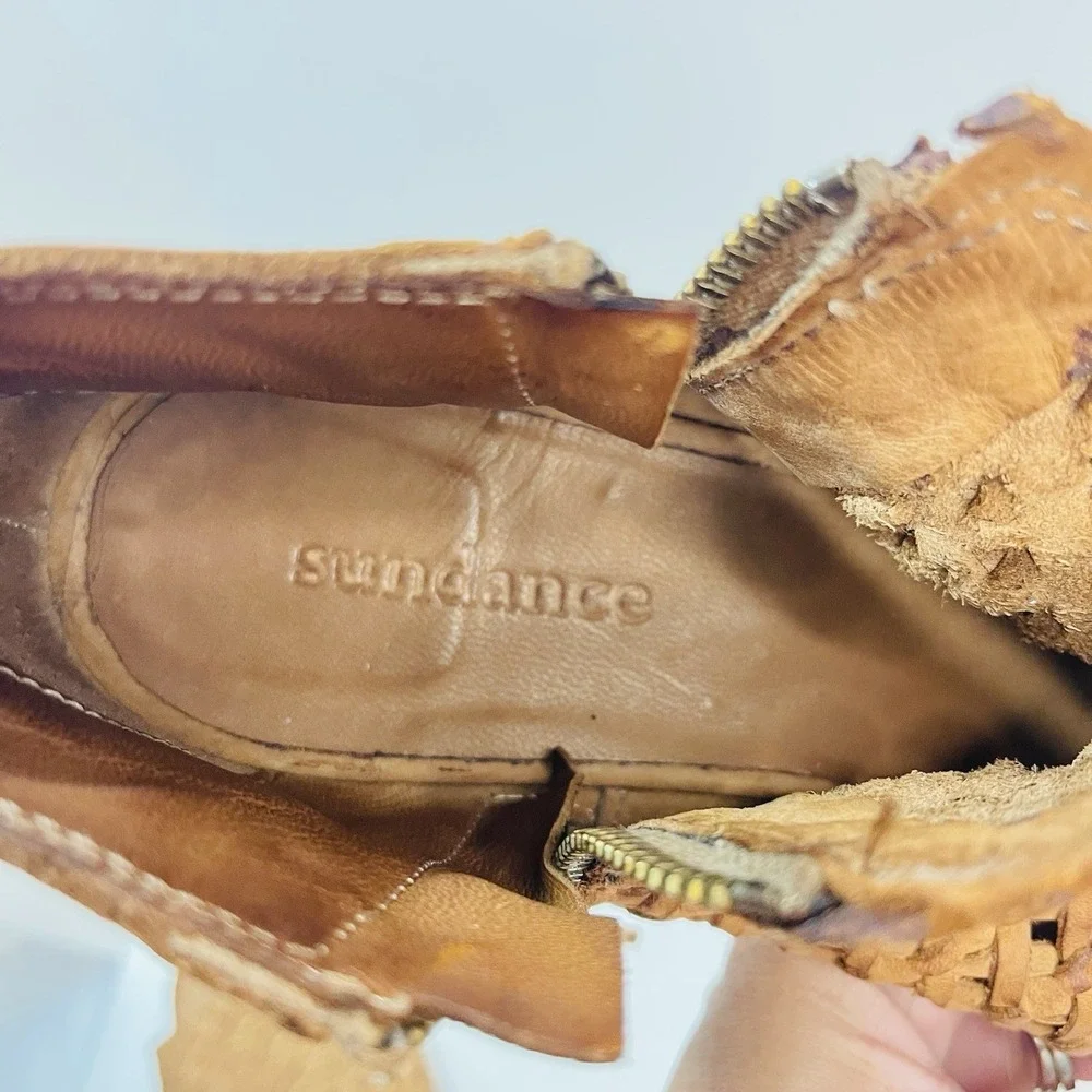 Sundance Woven Leather Asheville Double Zip Peep Toe Sandal EU 40/US 9-9.5 Brown